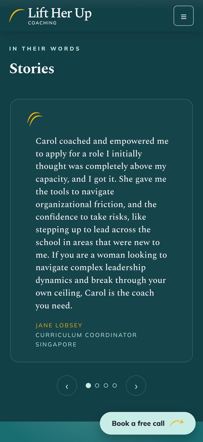 Lift Her Up Coaching stories on a phone, with the sticky Book a free call button