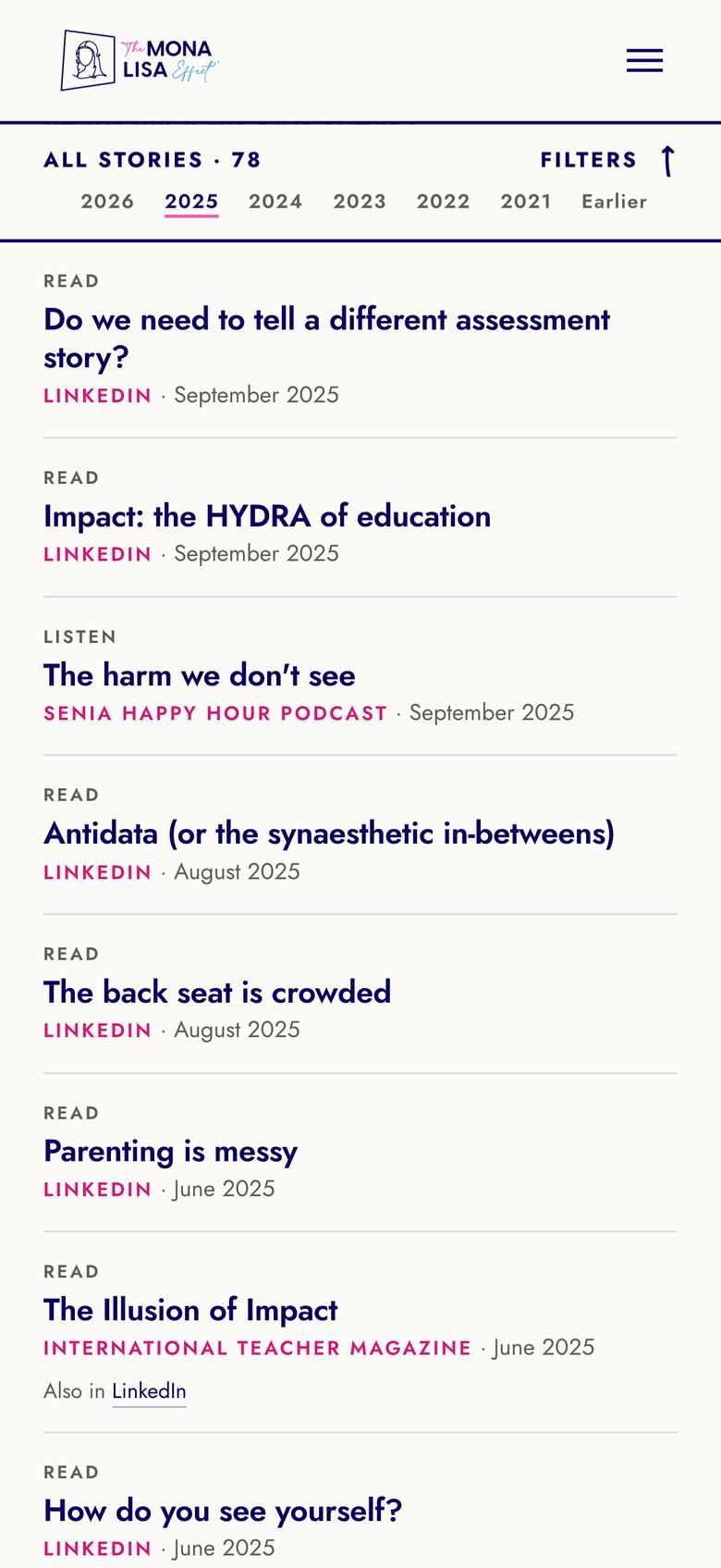 The Mona Lisa Effect stories page on a phone, with year filters above the list