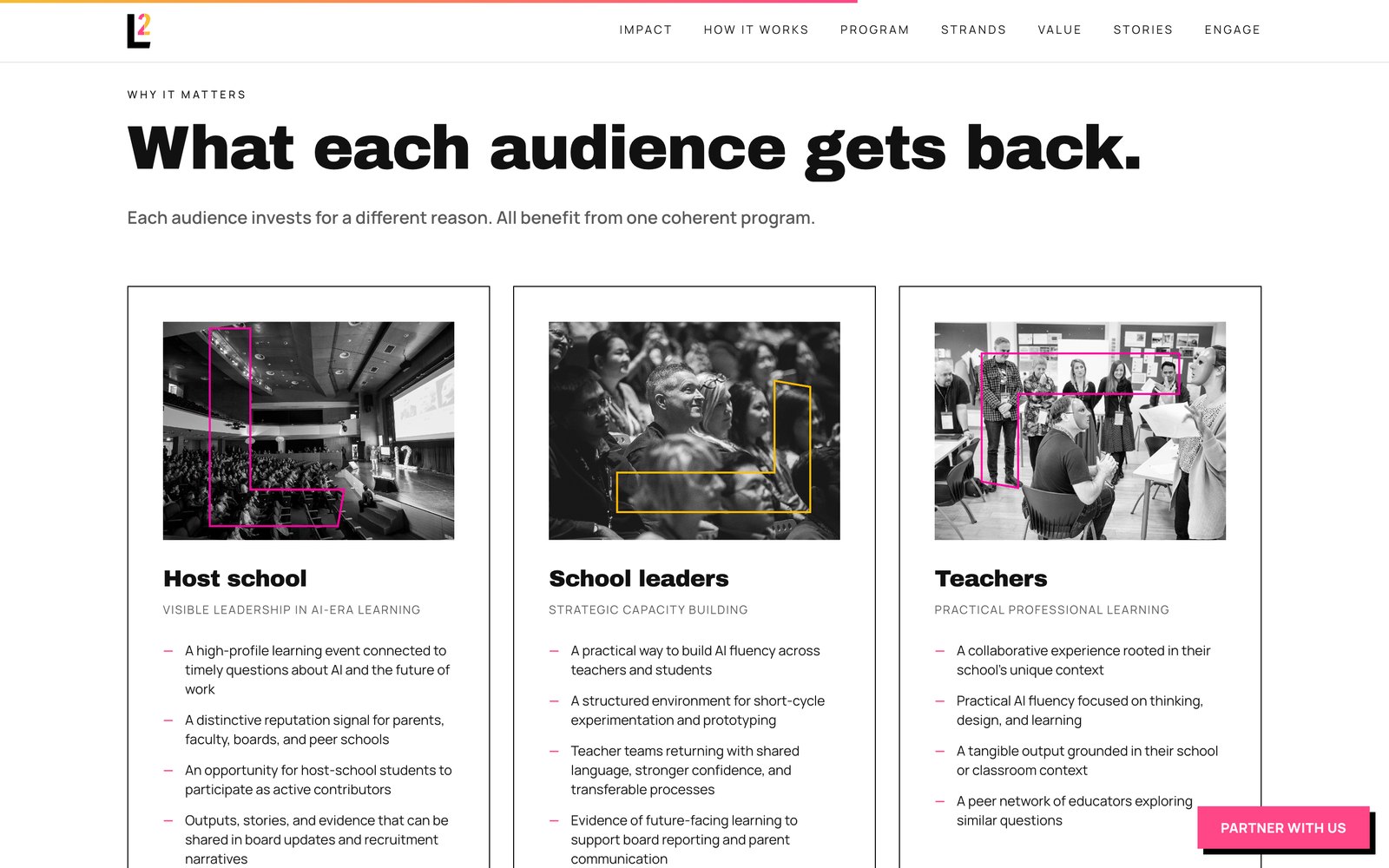 Learning2 website on a large screen, showing what each audience gets back