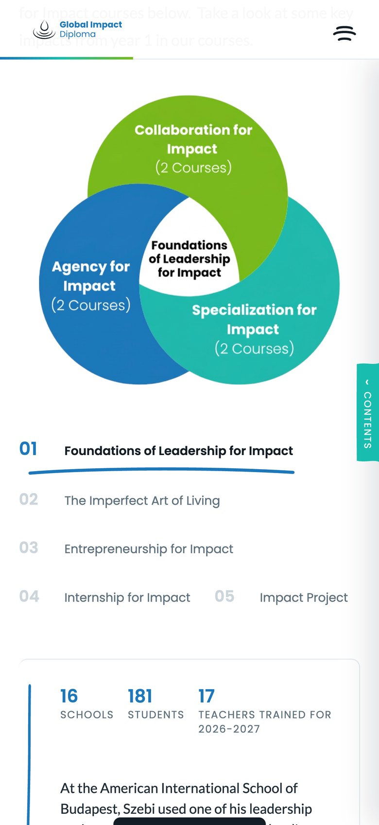 GID Impact Report on a phone, showing the course explorer