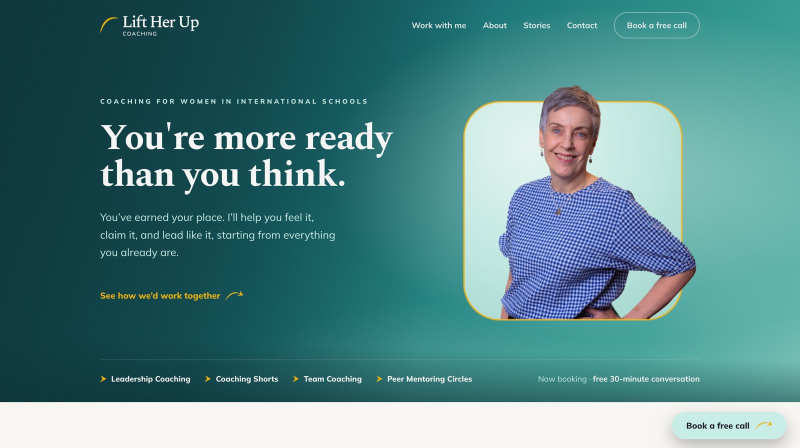 Lift Her Up Coaching home page on a large screen, with Carol\u2019s arc-framed portrait